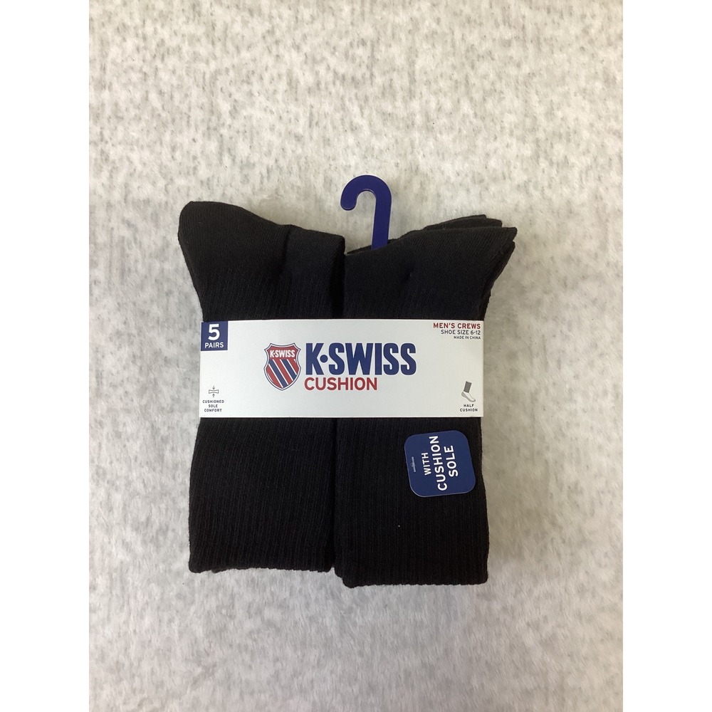 K-Swiss Mens Crew Socks 5 Pair Pack Black Cushioned‎ Sole Shoe Size 6-12